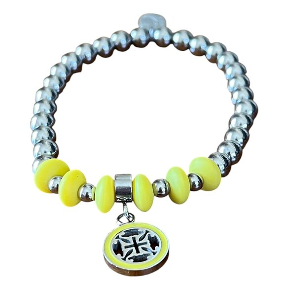 Rustic Cuff Stretch Stainless & Silicone Enamel Logo Bracelet Yellow & Silver - Picture 1 of 1